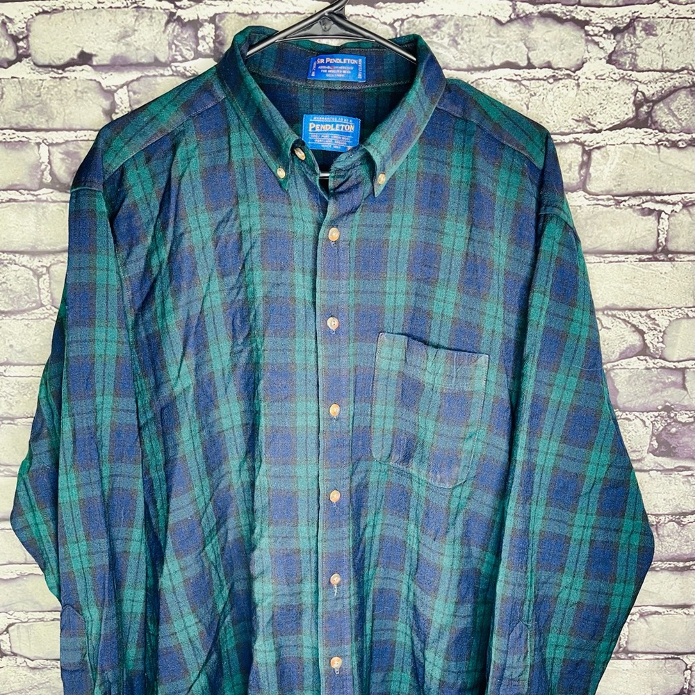 VINTAGE Sir Pendleton Flannel Shirt Mens XL Green Plaid Virgin Wool Logo 90s